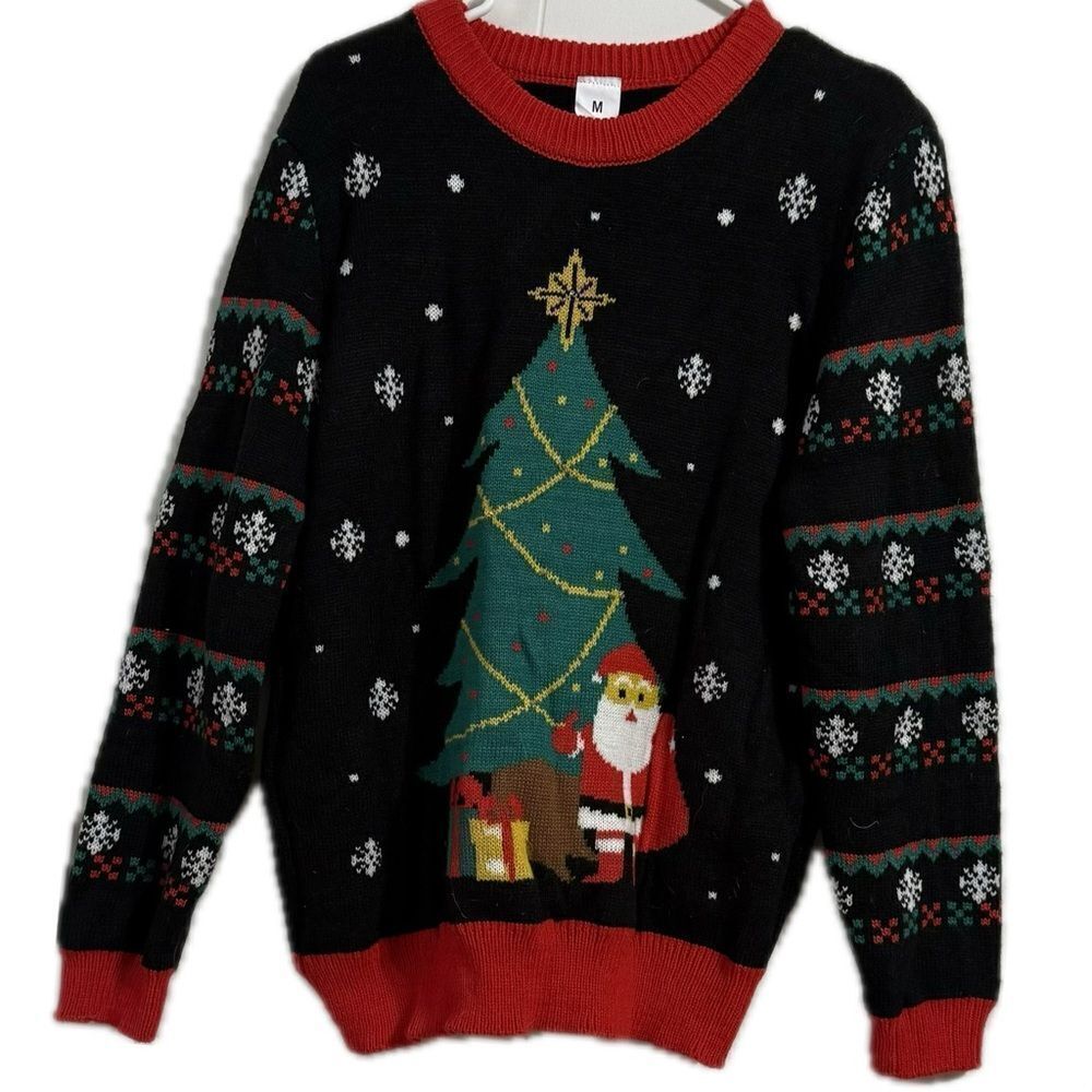 Black and Red Crewneck‎ Sweater with Christmas Tree Design